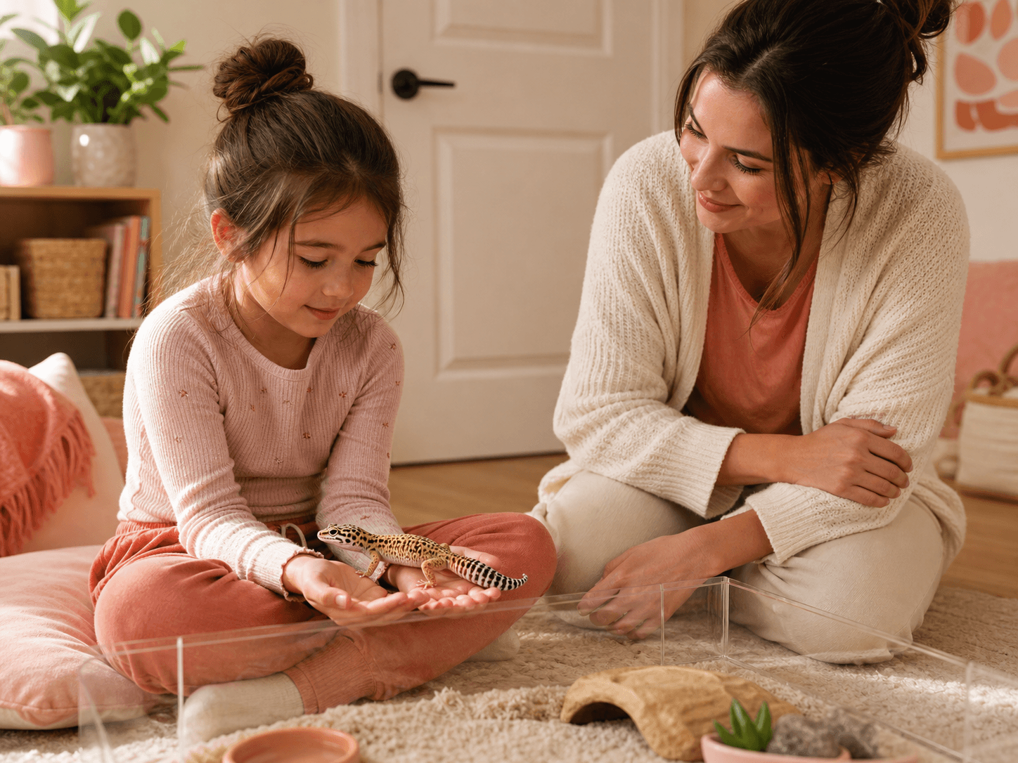 An adult supervises a seated child as a leopard gecko walks calmly across the child's open hands in a secure room.