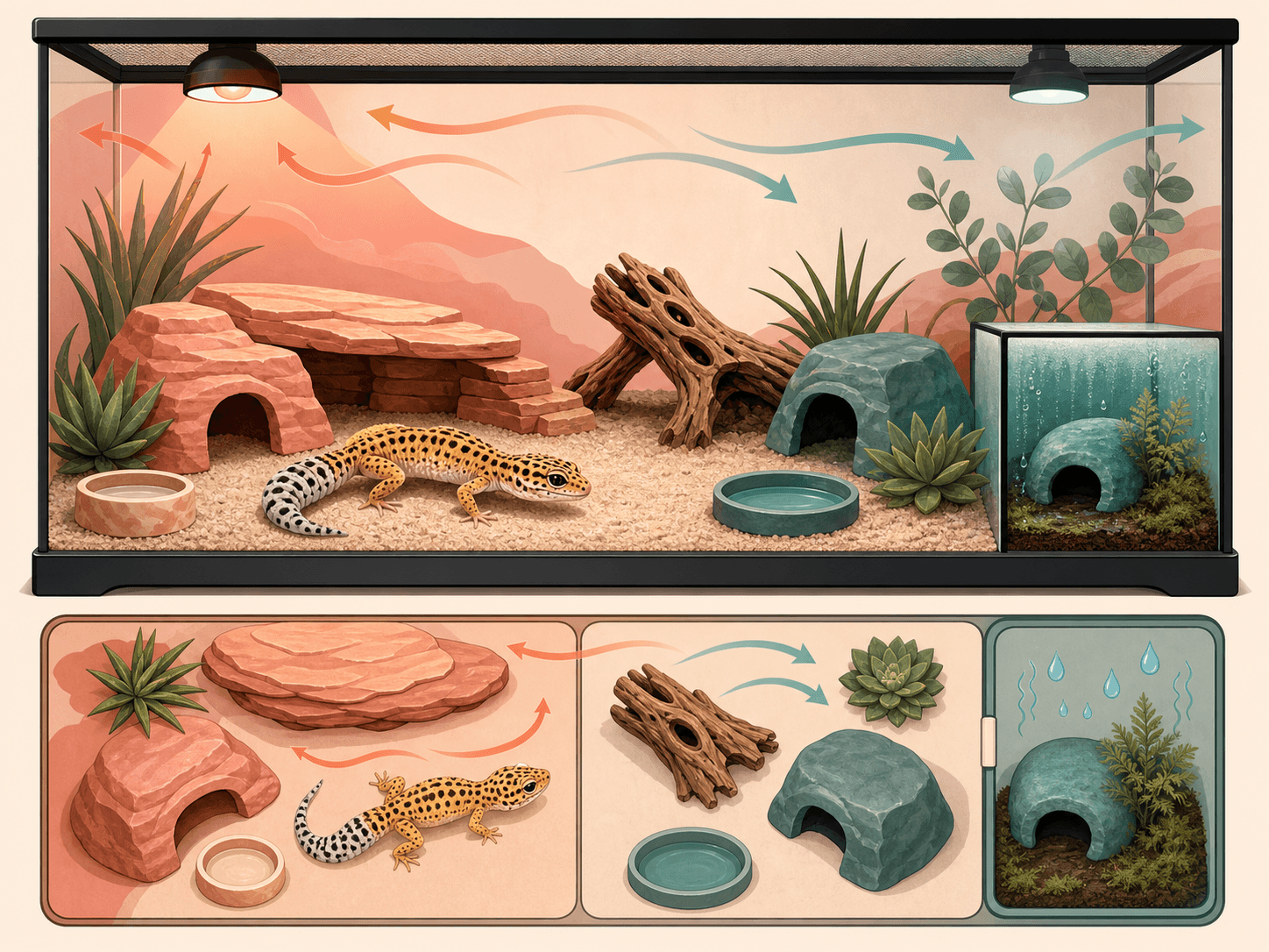 A terrarium layout shows dry areas, airflow, and one separate moist hide for shedding support.