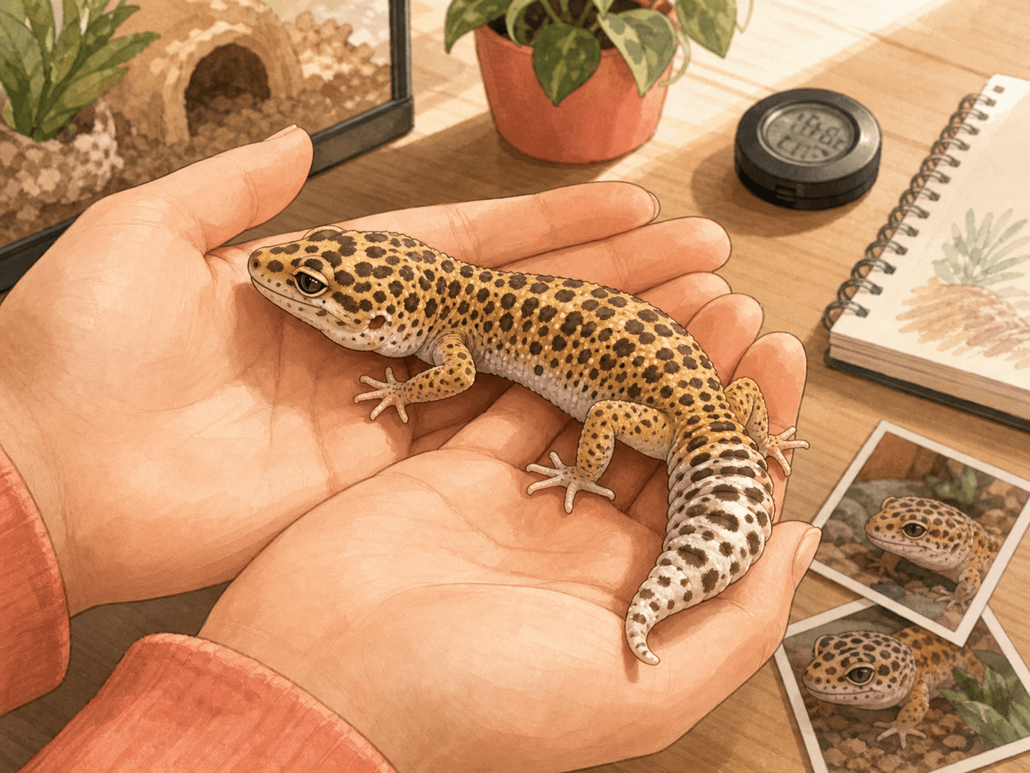 A keeper calmly checks a leopard gecko's toes and tail while care tools sit nearby.