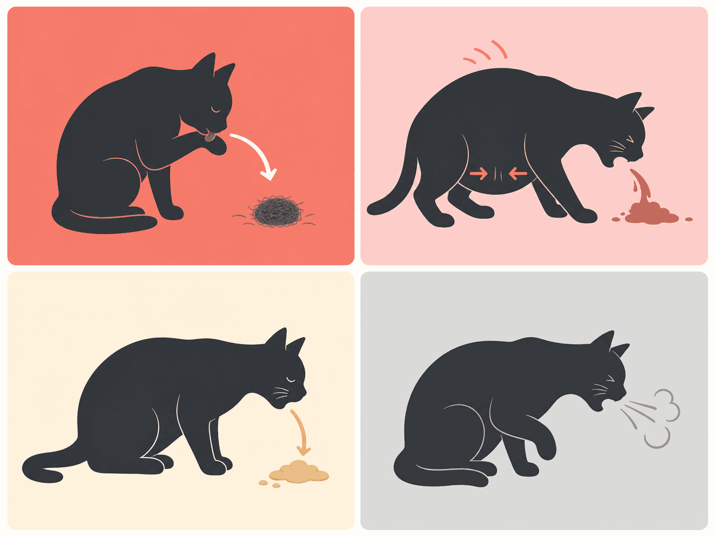 Four cat posture illustrations compare hairball, vomiting, regurgitation, and coughing patterns without text labels.