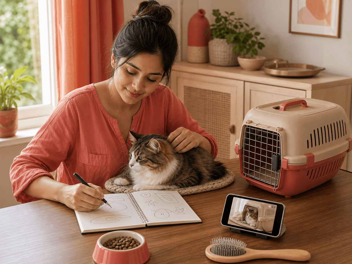 A cat owner gathers notes, a phone video, and a carrier before taking a calm cat to the vet.