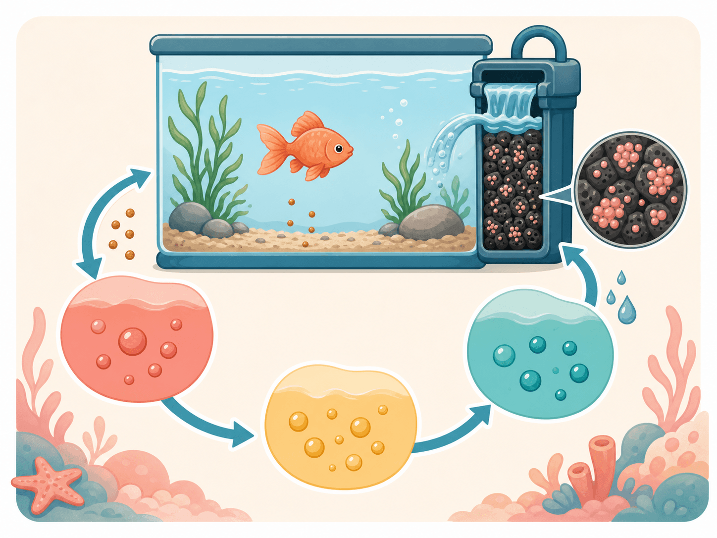 A visual cycle shows fish waste and uneaten food moving through filter bacteria into safer water compounds.