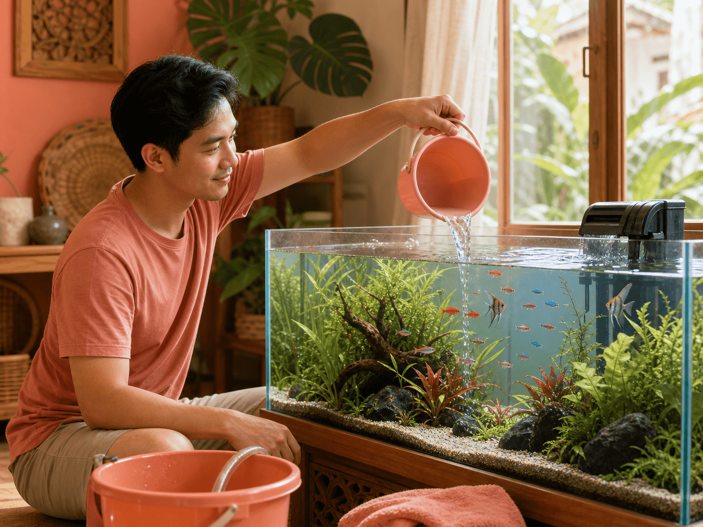 An aquarist carefully adds treated water to a tropical aquarium while the filter keeps running.