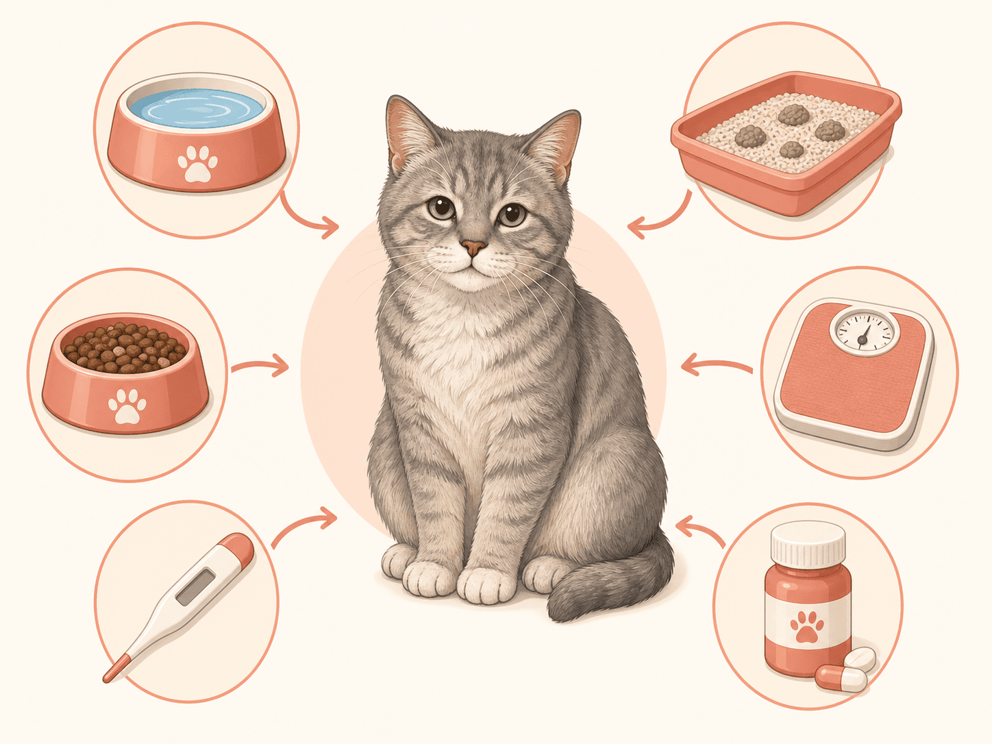 A simple diagram connects a senior cat with water, litter box, food, weight, environment, and medication tracking cues.