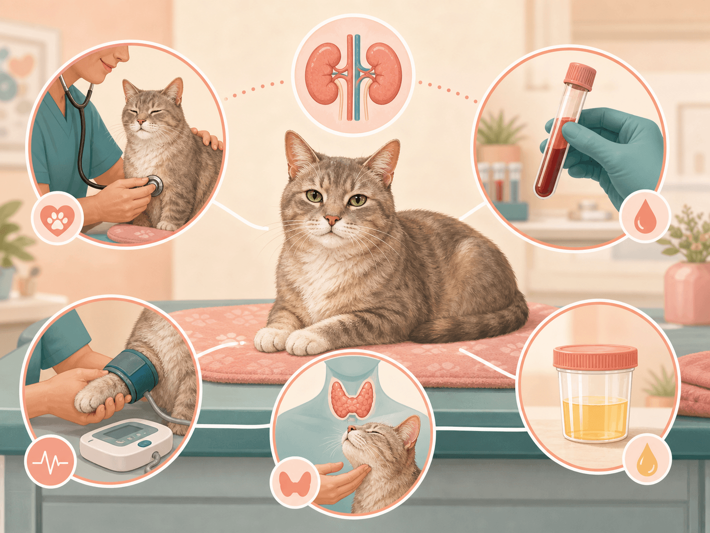 A senior cat at a veterinary exam table is surrounded by visual symbols for blood, urine, blood pressure, and thyroid checks.