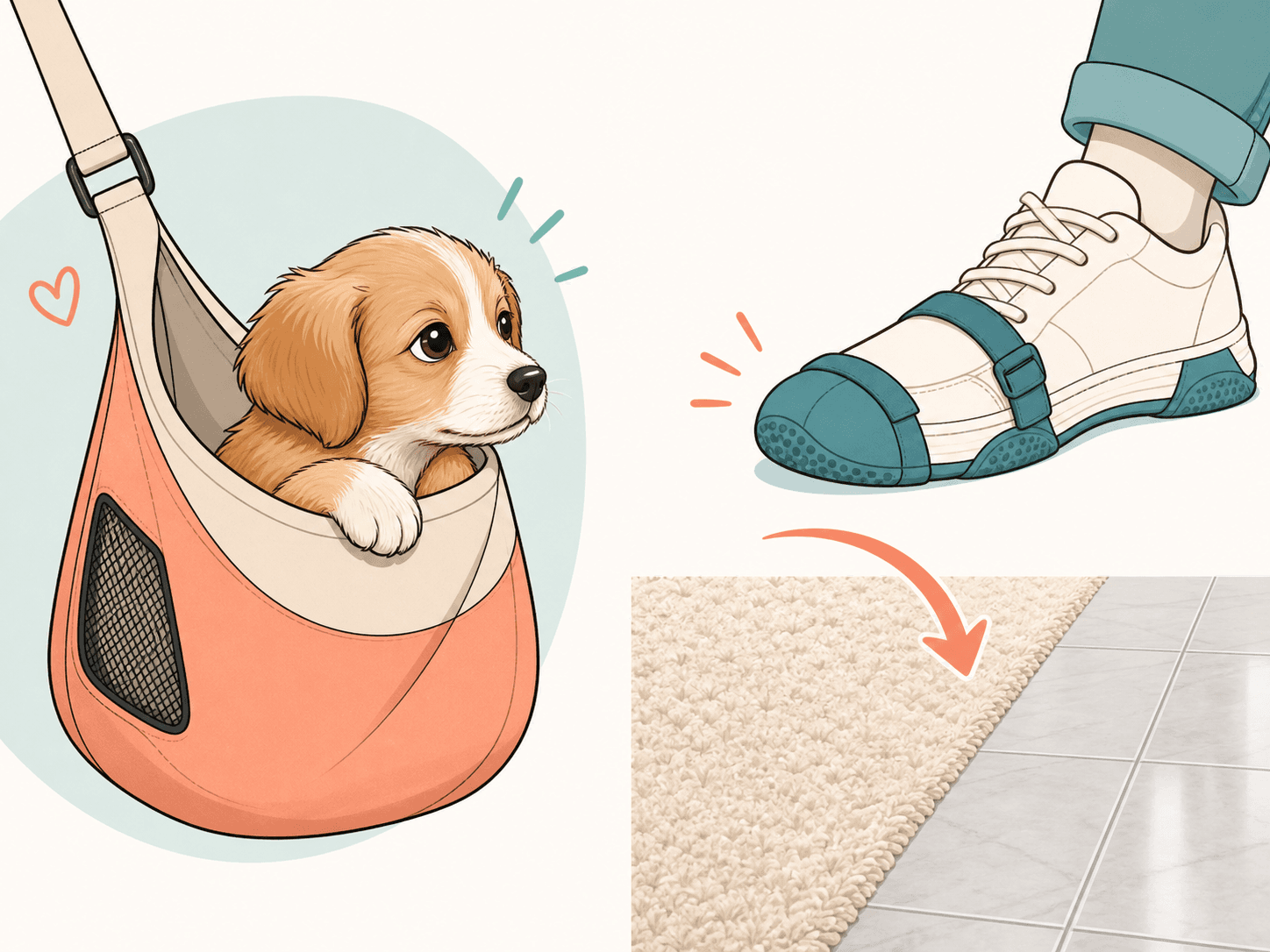 A diagram comparing a puppy carried safely in a sling bag to protective booties on a slick tiled floor.