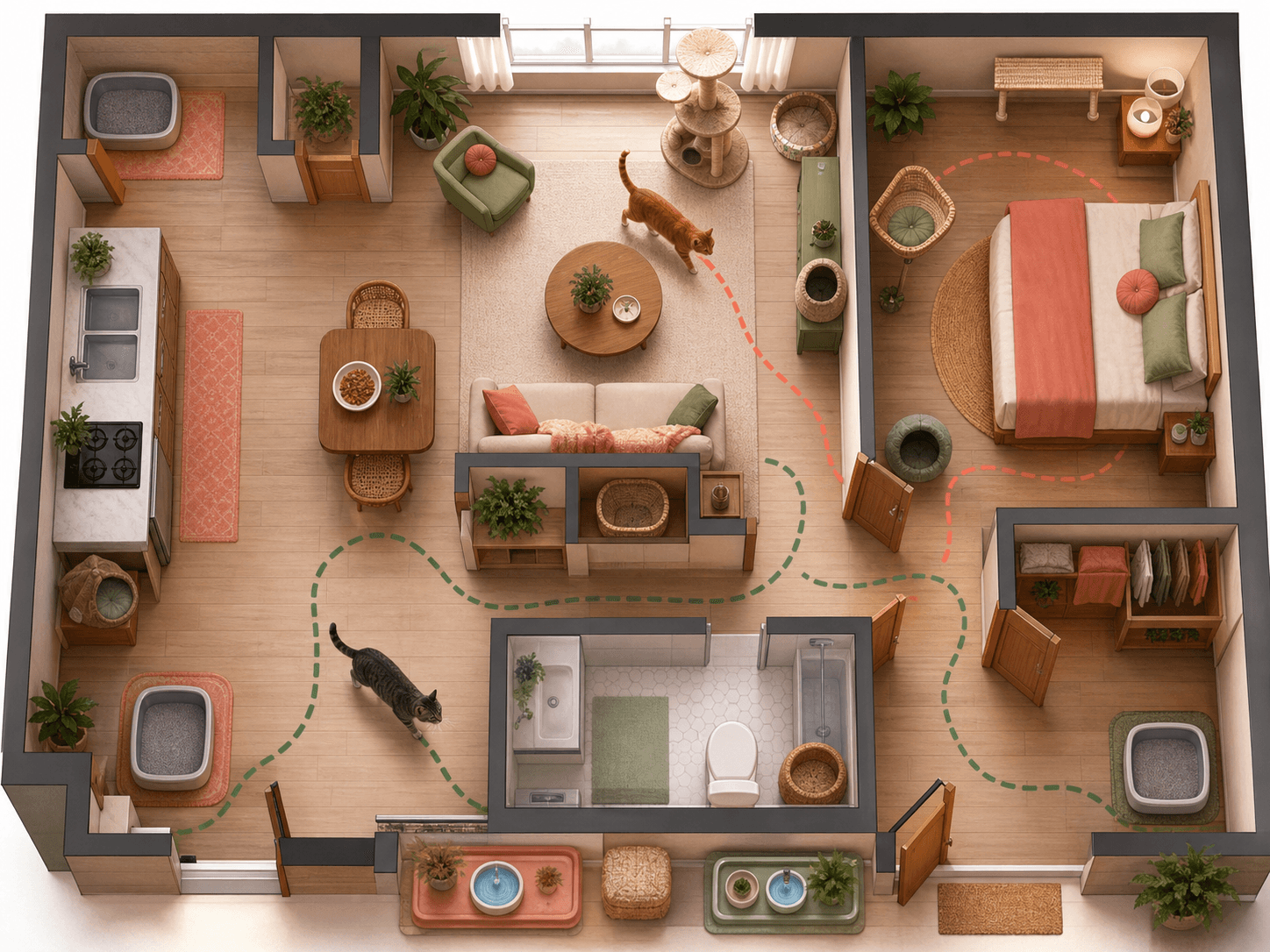 An overhead flat layout shows separated cat resources, vertical perches, hiding places, and two cats using different routes.